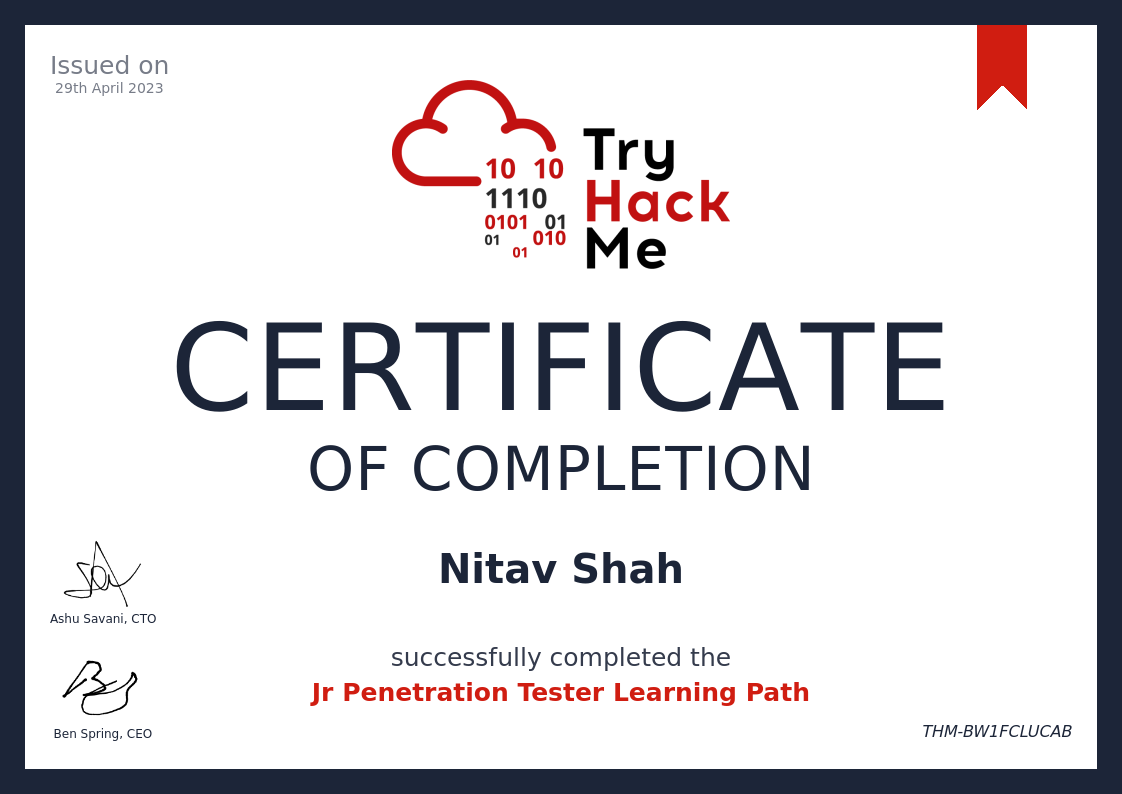 TryHackMe JrPenetrationTester Certificate